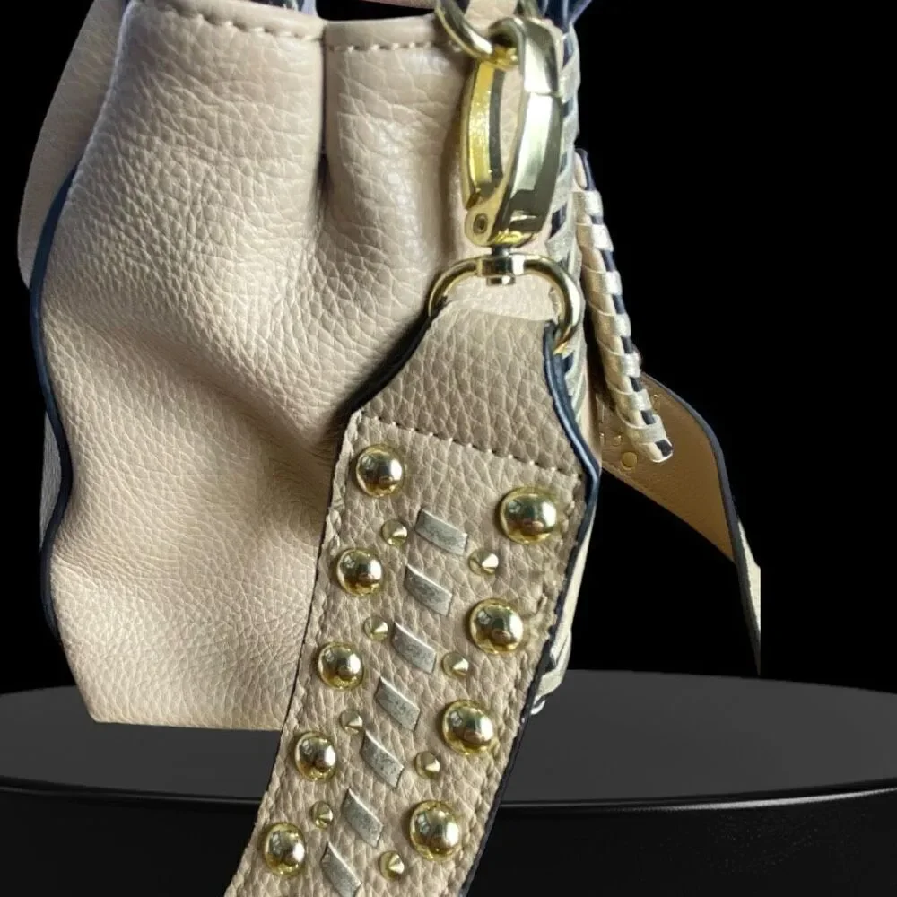 Steve Madden Blennon Cream Peebled Leather Studded Whipstitch Satchel Handbag